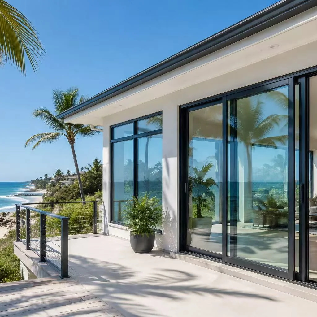 8K exterior view of DP50 hurricane-rated thermal break aluminum windows installed on Florida coastal villa, NAFS PG50 compliant impact glazing